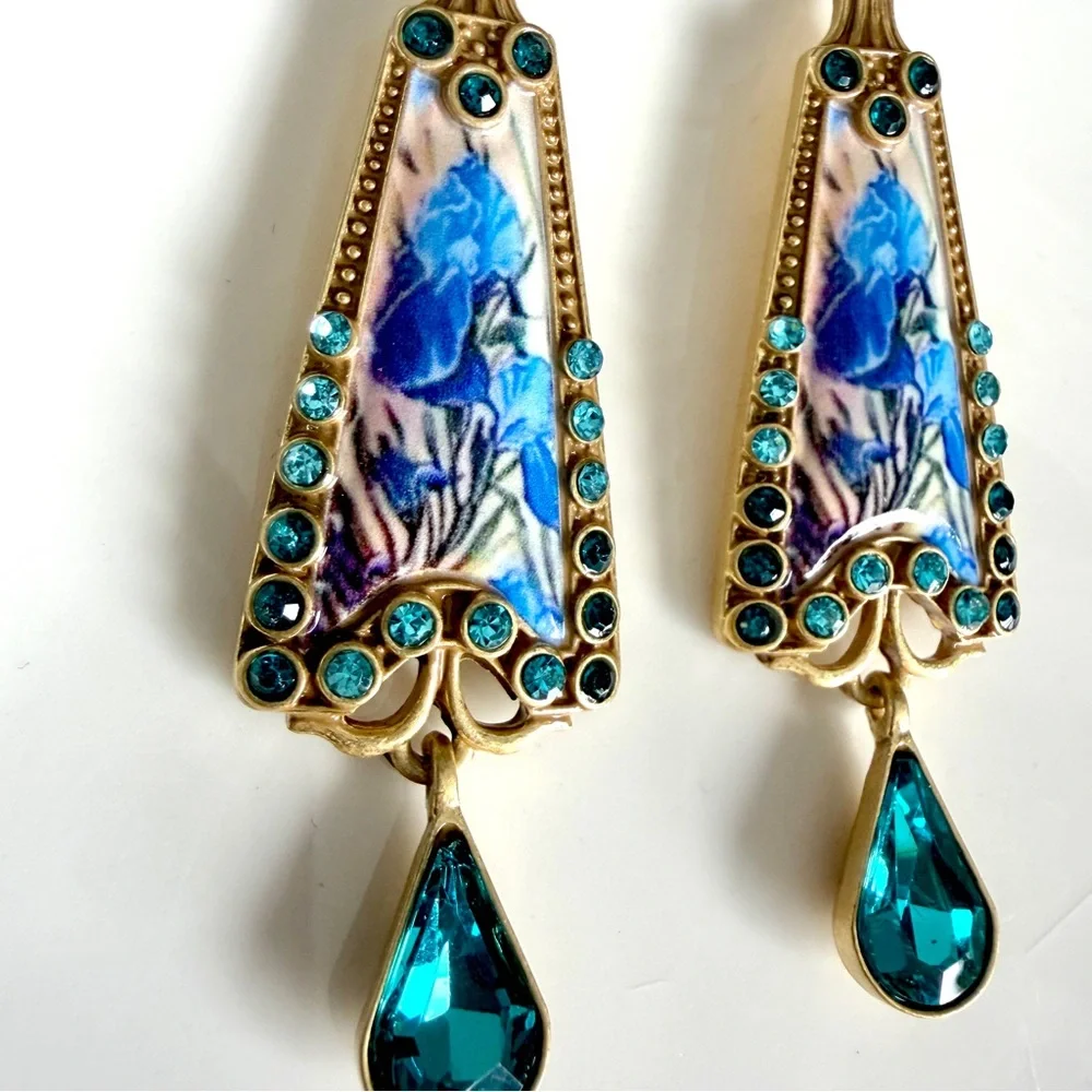 Blue Iris Floral Crystal Earrings Vintage Style Ornate Jewelry Baroque Gift NEW